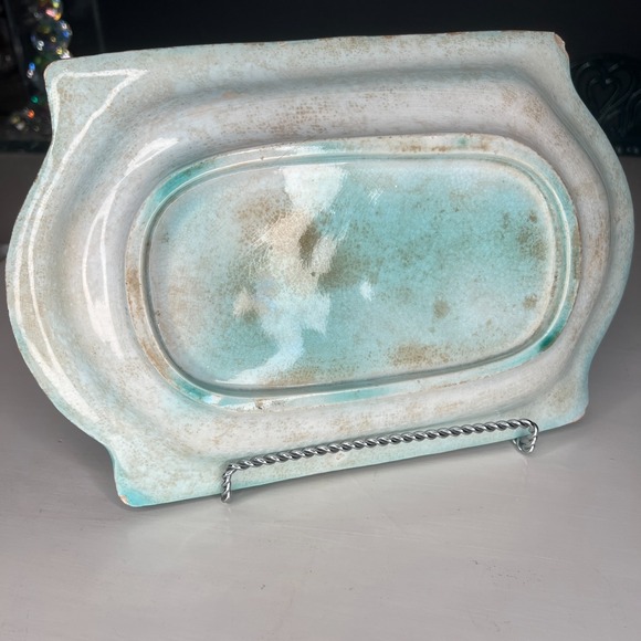 Antique Majolica Banana Leaf Basketweave Bread Serving Tray Blue Glaze 19th C - Picture 6 of 16